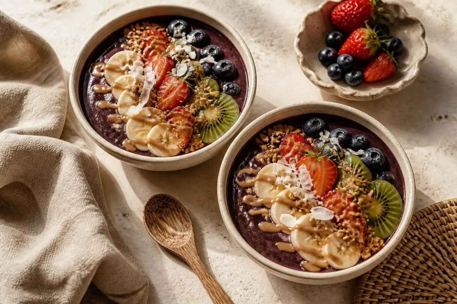 Zwei Açaí-Bowls von oben auf hellem Stein: tiefviolette Basis mit Banane, Erdbeeren, Blaubeeren, Kiwi, Granola und Kokosflocken, daneben eine Schale Beeren, Leinentuch und Holzlöffel.