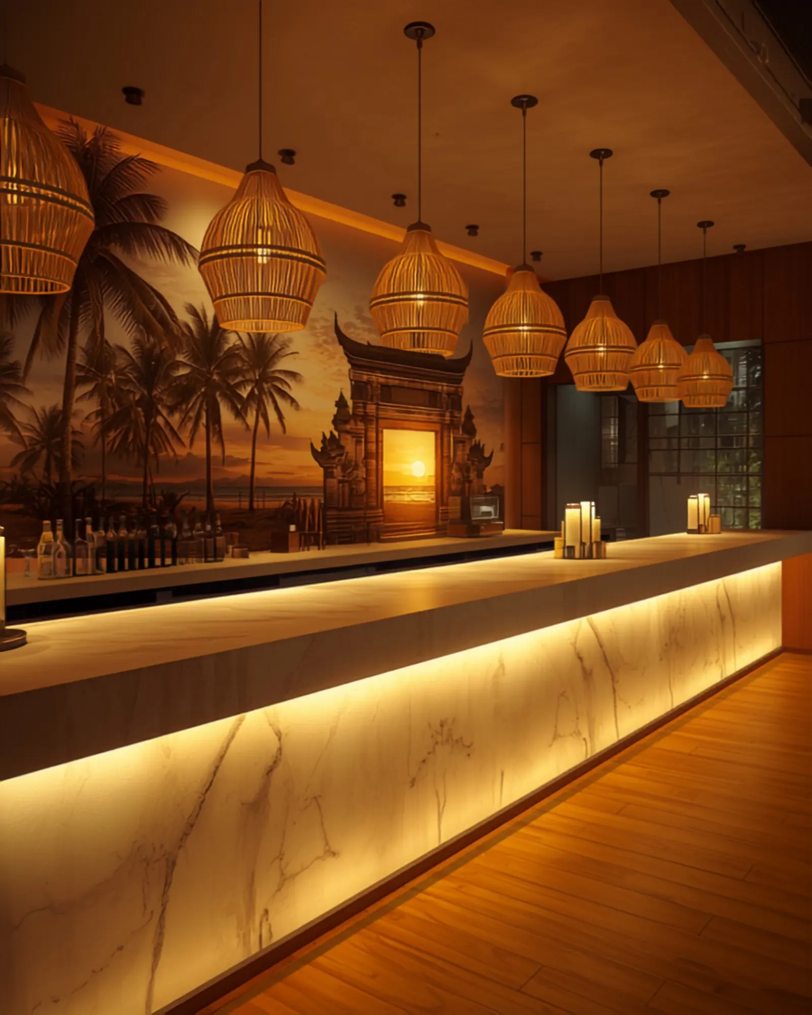 Die Bar mit hinterleuchtetem Tresen, darüber Rattanleuchten, dahinter ein großflächiges Wandbild mit Palmen und einem balinesischen Tempeltor.