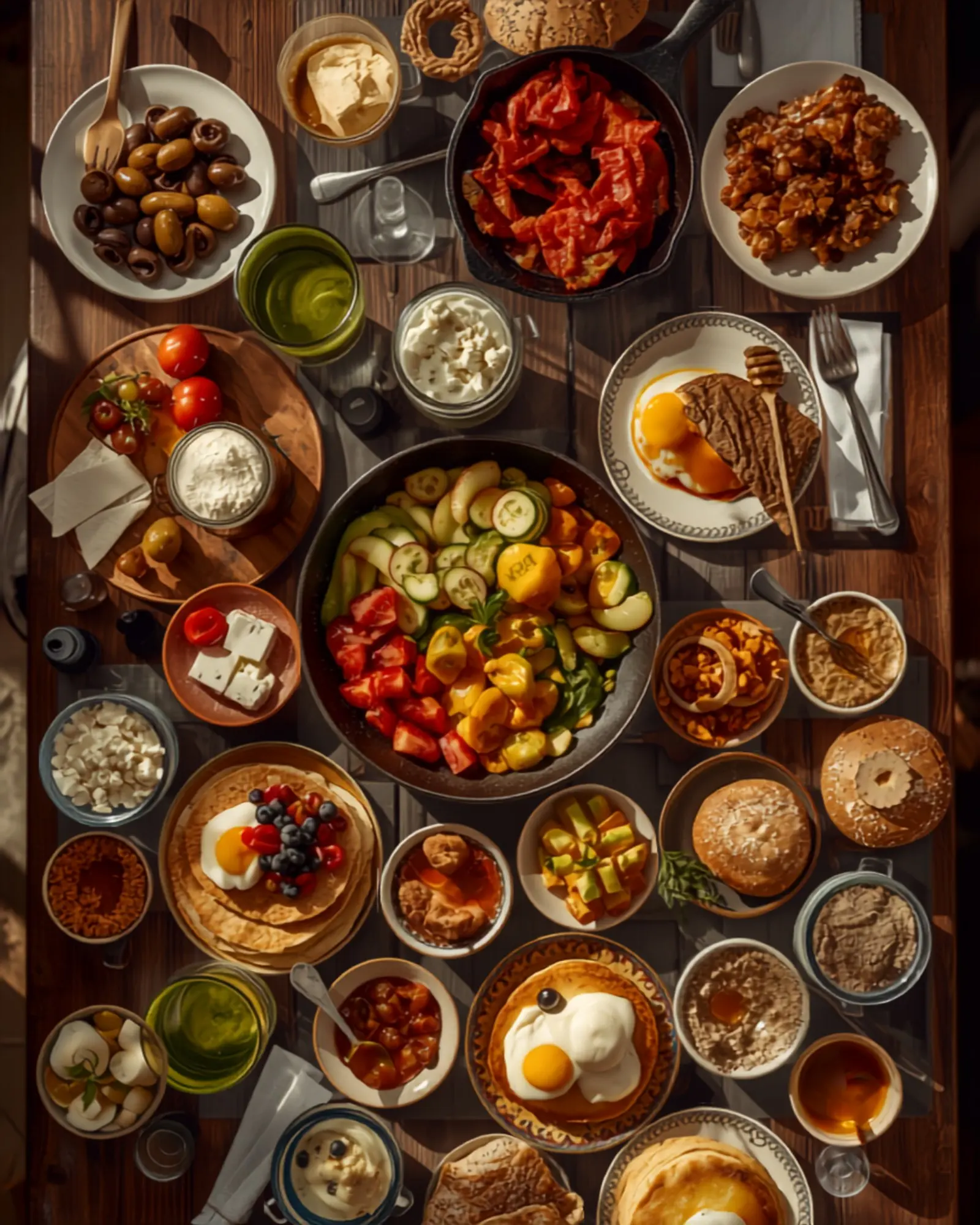 Reich gedeckte Frühstückstafel von oben: Oliven, Käse, Menemen, Simit, Pancakes und Teegläser auf dunklem Holz.