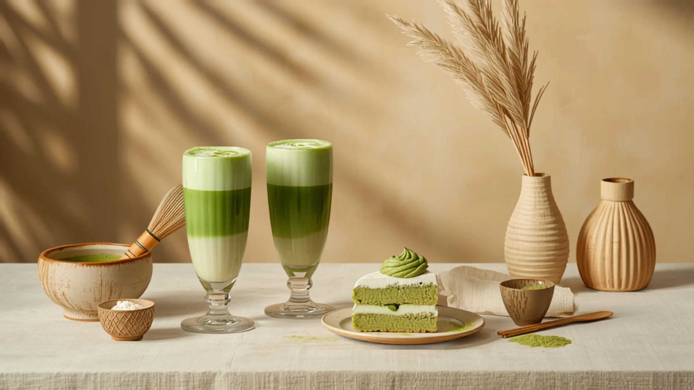 Matcha-Stillleben auf hellem Stein: zwei Gläser Iced Matcha Latte, eine Matcha-Schale mit Bambusbesen und ein Stück Matcha-Kuchen.